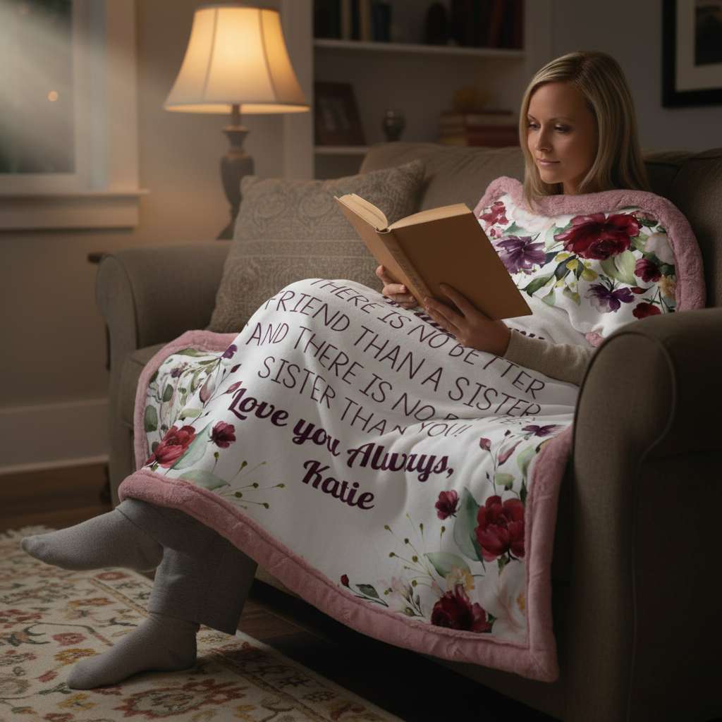 Woman reading a book on a couch with a floral blanket and personalized message.