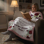 Woman reading a book on a couch with a floral blanket and personalized message.