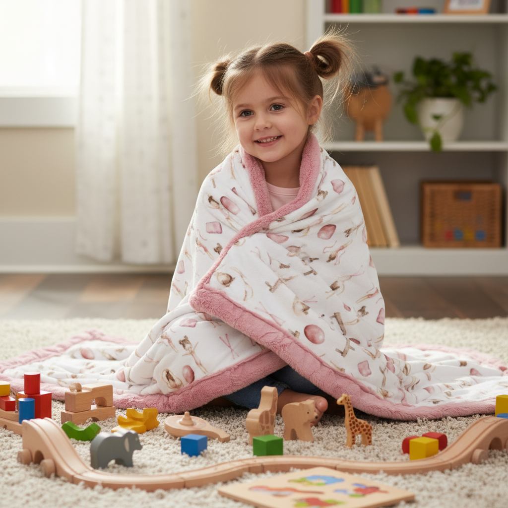 Child sitting on the floor with a blanket and toys in a room.