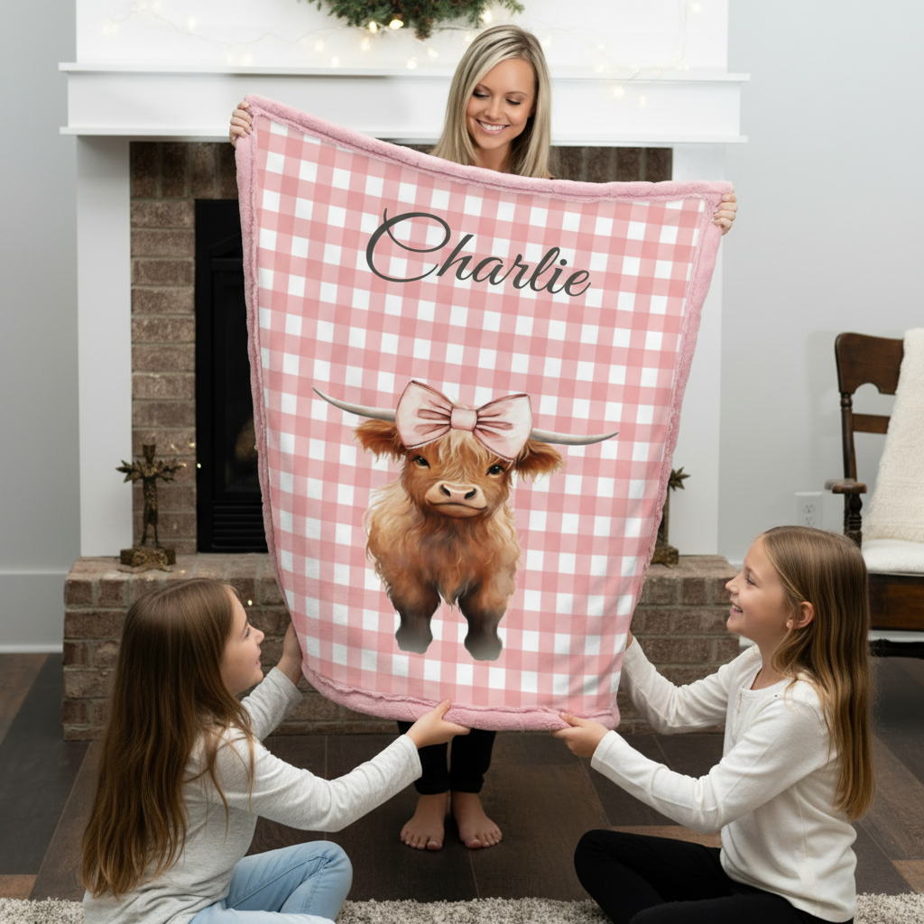 Woman and two children holding a pink checkered blanket with a cow design and 'Charlie' text.