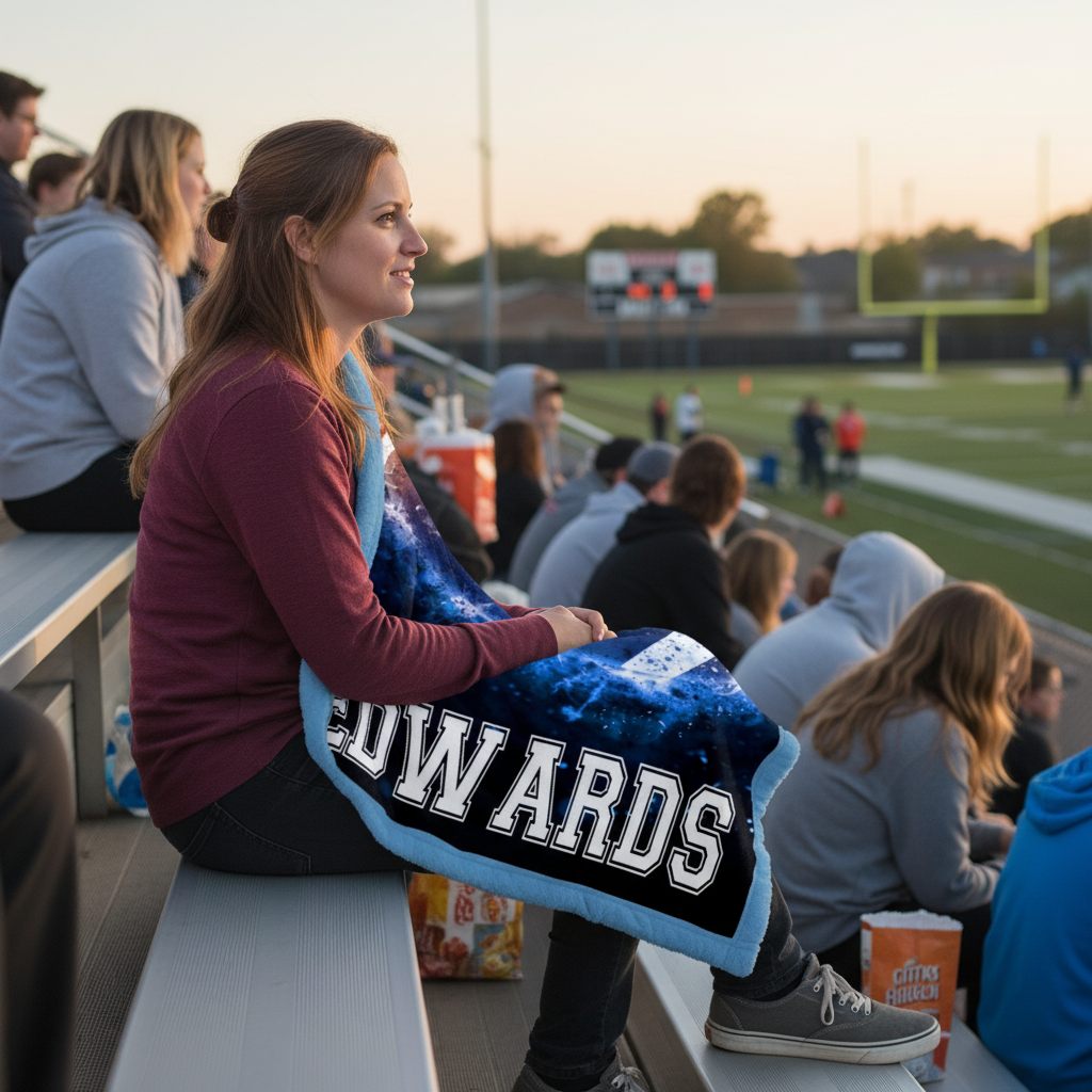 Woman sitting on bleachers with a 'Edwards' blanket at a sports event