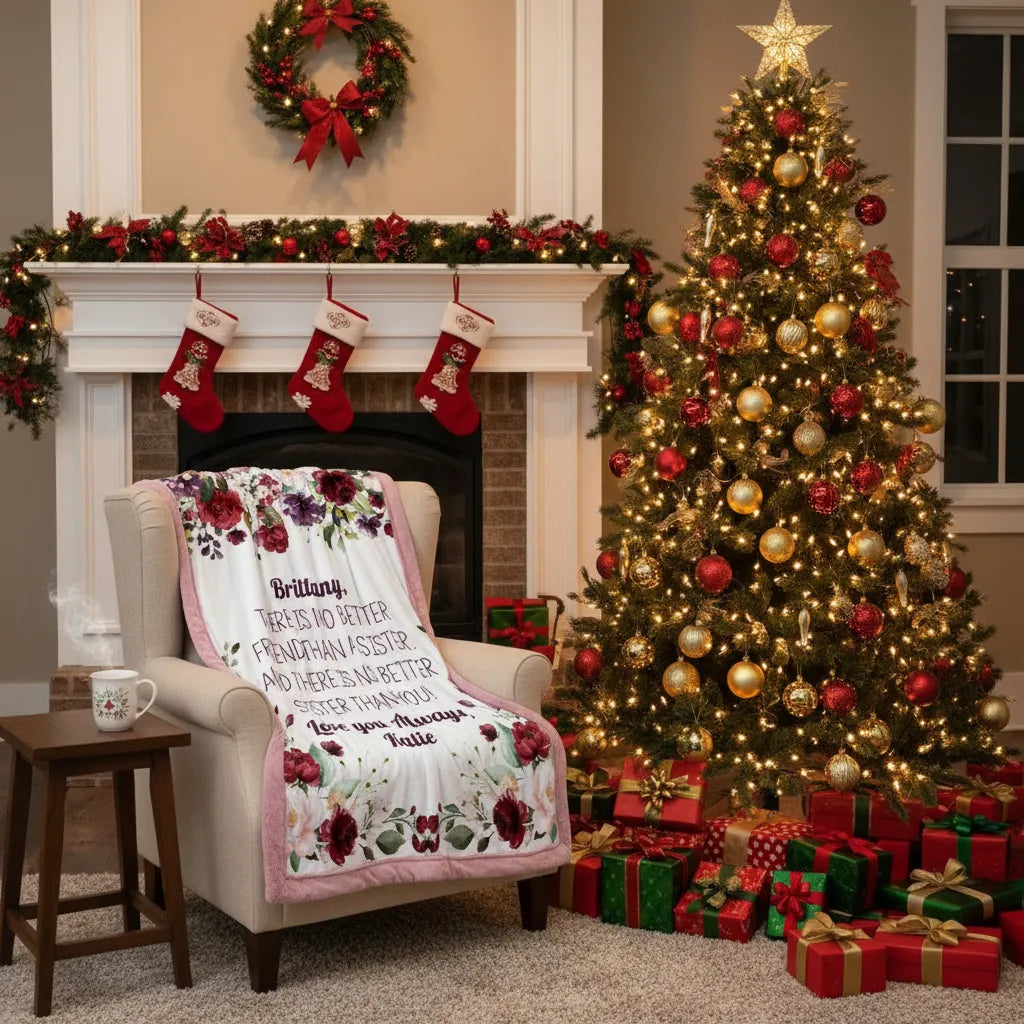 Decorated Christmas living room with a tree, fireplace, and personalized blanket.