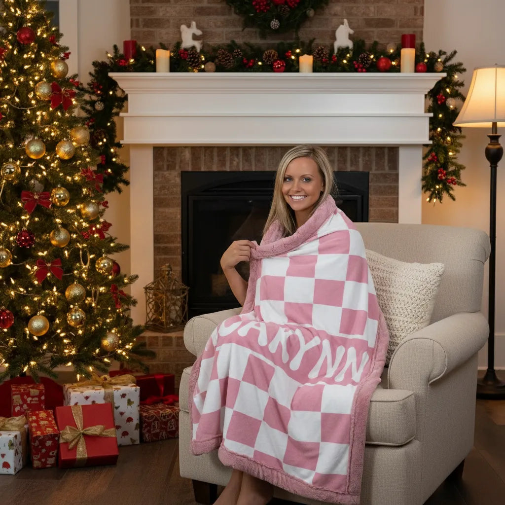 Woman sitting on a couch with a pink and white checkered blanket, surrounded by Christmas decorations.