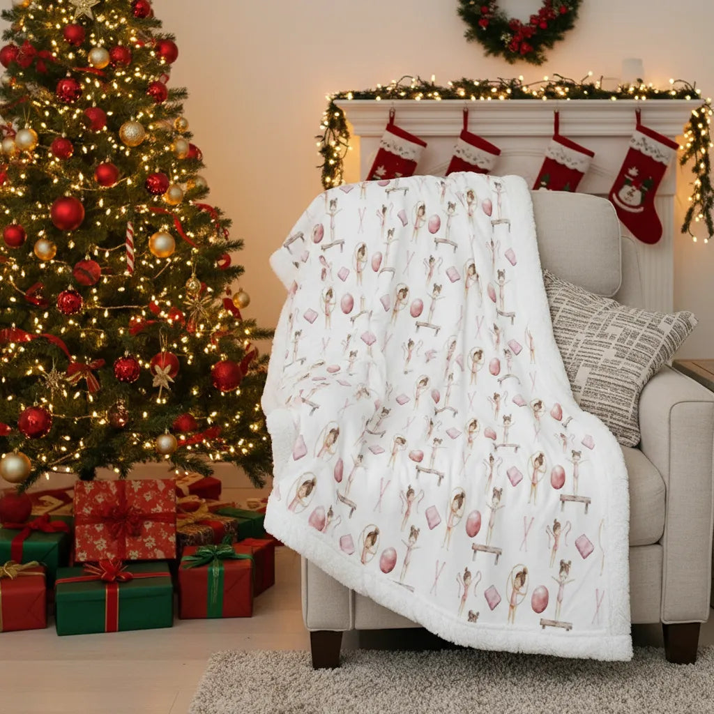 Decorated living room with Christmas tree, stockings, and patterned blanket.