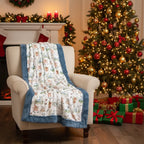 Decorative blanket on a chair with a Christmas tree and presents in the background