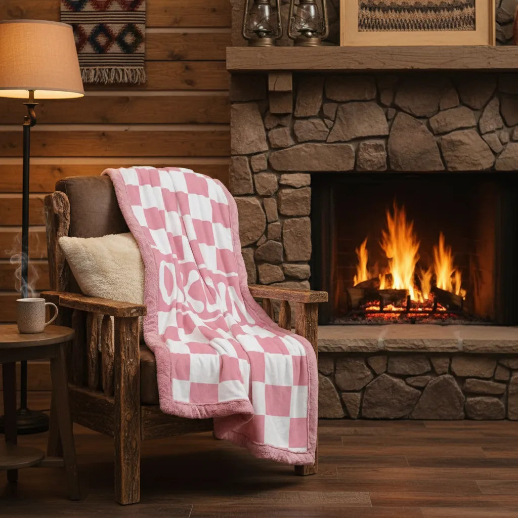Pink checkered blanket draped over a wooden chair in front of a stone fireplace.