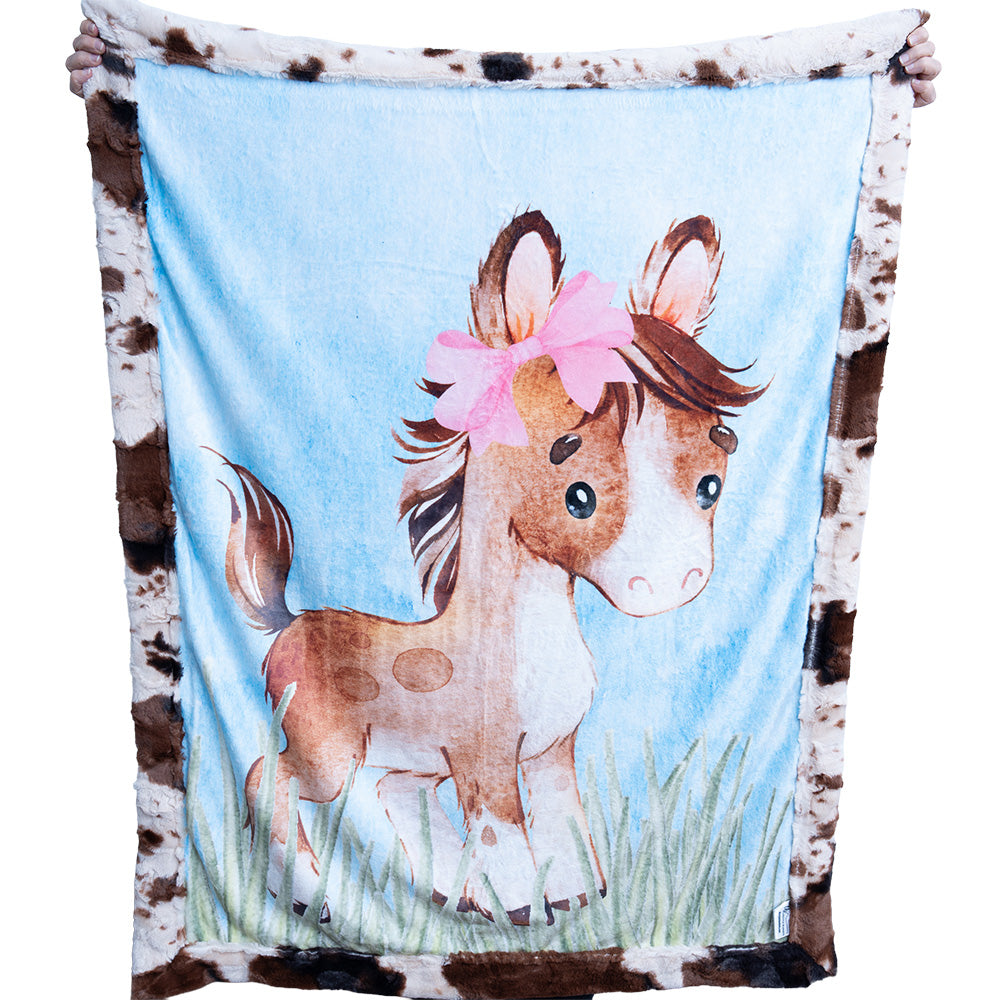 Minky Blanket for Baby Girl, Western Cowgirl Gift with Pony Design and Pink Bow Nursery Theme