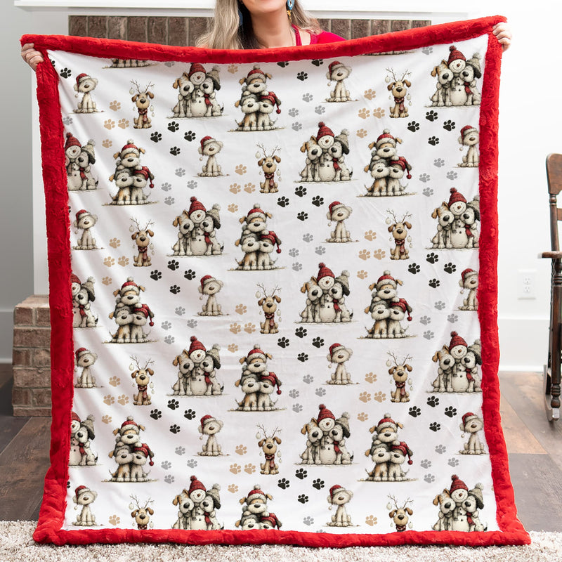 Person holding a blanket with Christmas dog pattern and red border