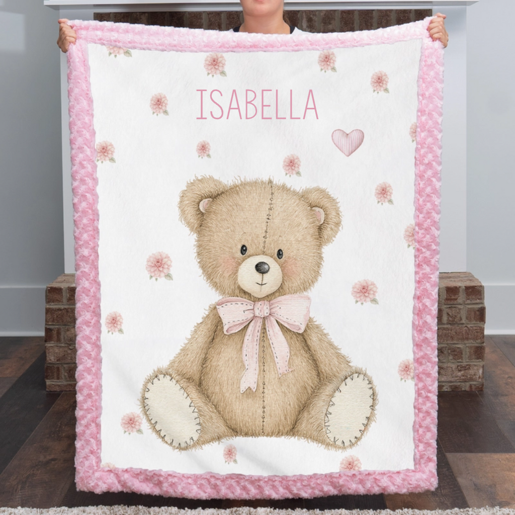 Teddy Bear Personalized Baby Blanket – Pink Minky