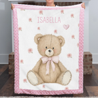 Teddy Bear Personalized Baby Blanket – Pink Minky