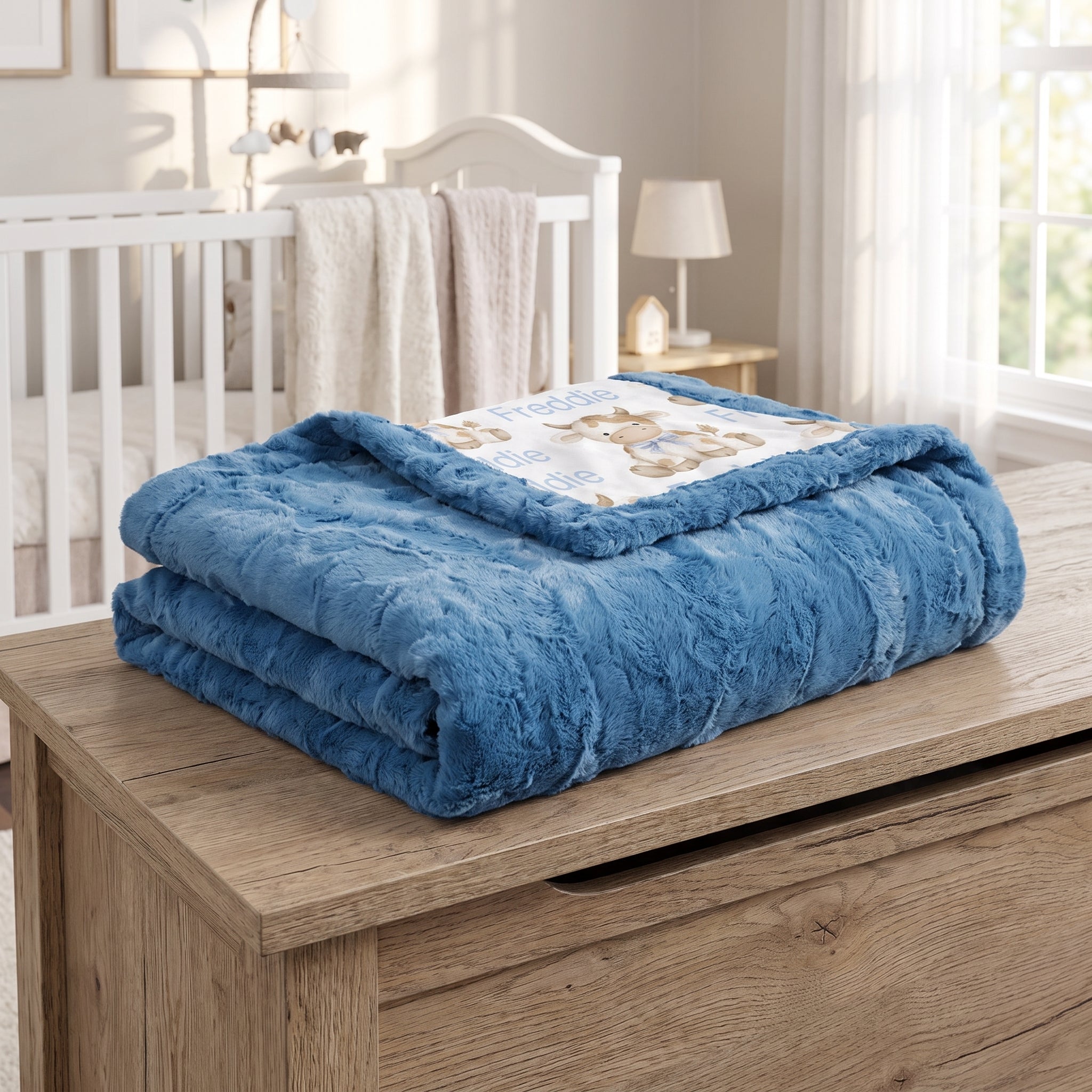 A folded blue plush blanket with a teddy bear illustration on the corner is displayed on a wooden chest in a softly lit nursery setting.