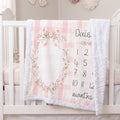 A personalized baby blanket draped over a white crib, featuring a pink and white gingham pattern, a floral wreath frame, and a printed baby name and monthly timeline.
