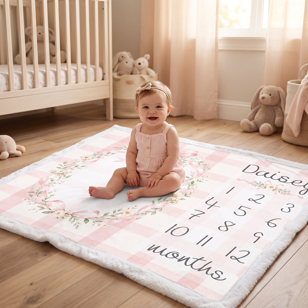 A baby sits on a personalized monthly calendar floor mat in a nursery. The mat features a pink and white gingham pattern, a floral wreath design, and a space to write the baby's name and count from 1 to 12 months.