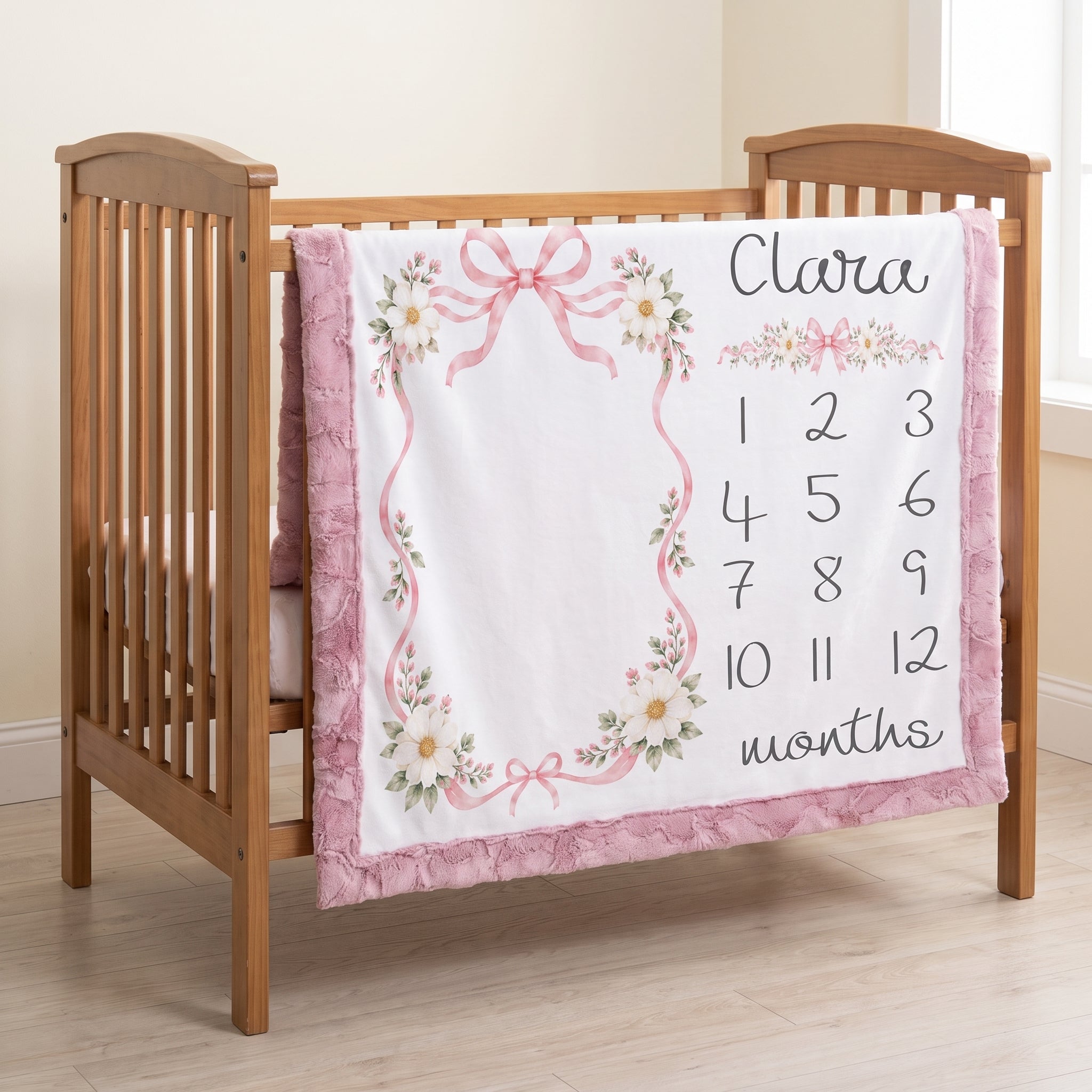 A personalized baby crib blanket draped over a wooden crib, featuring a white background with a pink floral border, bows, and a printed name 'Clara' with a numbered age calendar from 1 to 12 months.