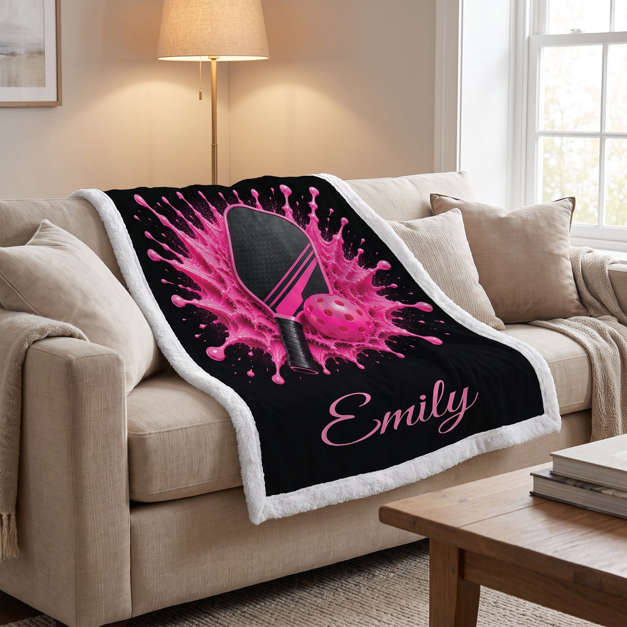 A personalized fleece throw blanket draped over a beige sofa in a living room setting. The blanket features a black background with a vibrant pink paint splatter design, a black ping-pong paddle graphic, a pink ping-pong ball, and the name 'Emily' in pink script.