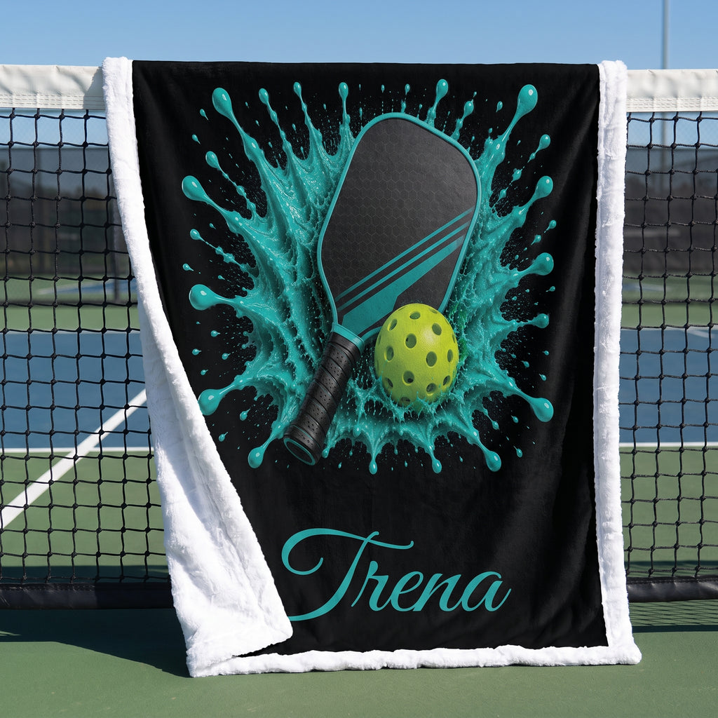 A personalized black fleece blanket with a white sherpa border, featuring a custom graphic of a pickleball paddle and ball with a turquoise splash design and the name 'Trena' in script. The blanket is draped over a tennis net on an outdoor court.