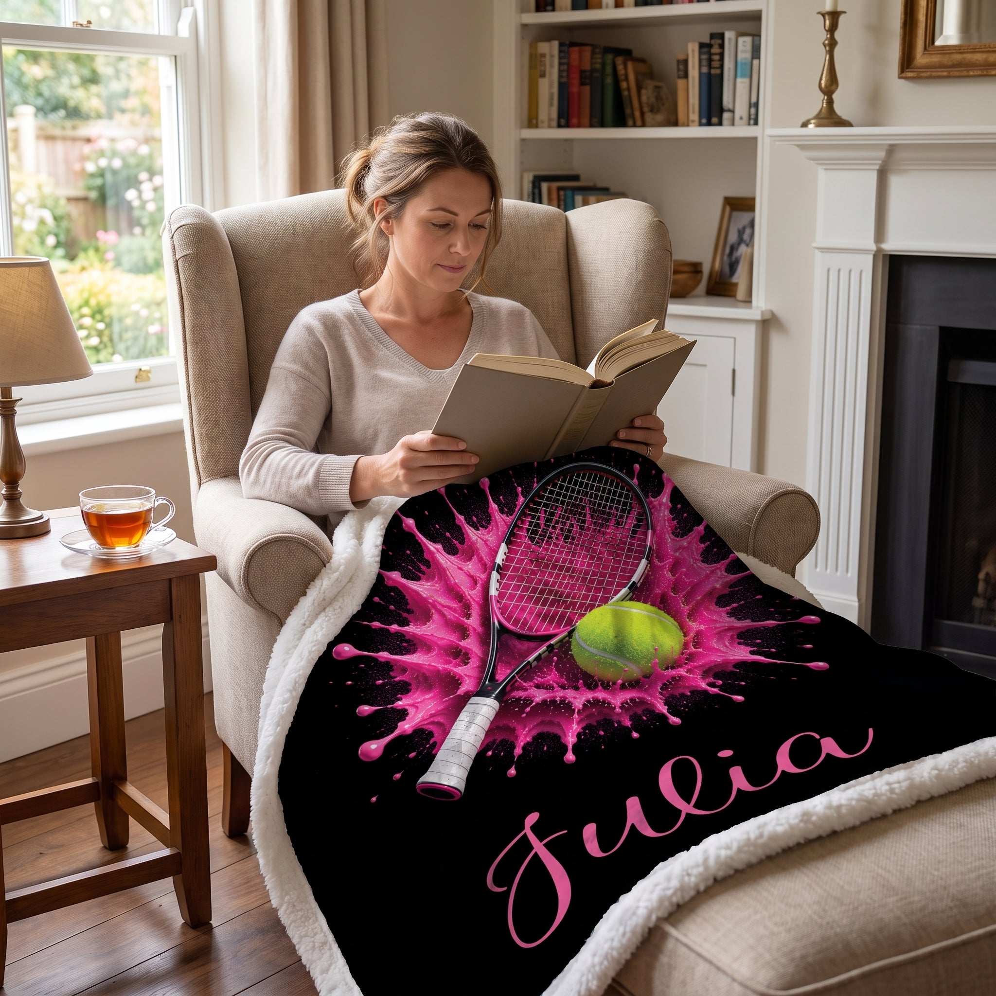 A woman sits in a beige armchair in a cozy living room, reading a book while wrapped in a black fleece blanket with a pink tennis-themed graphic and the name 'Julia' in pink script.