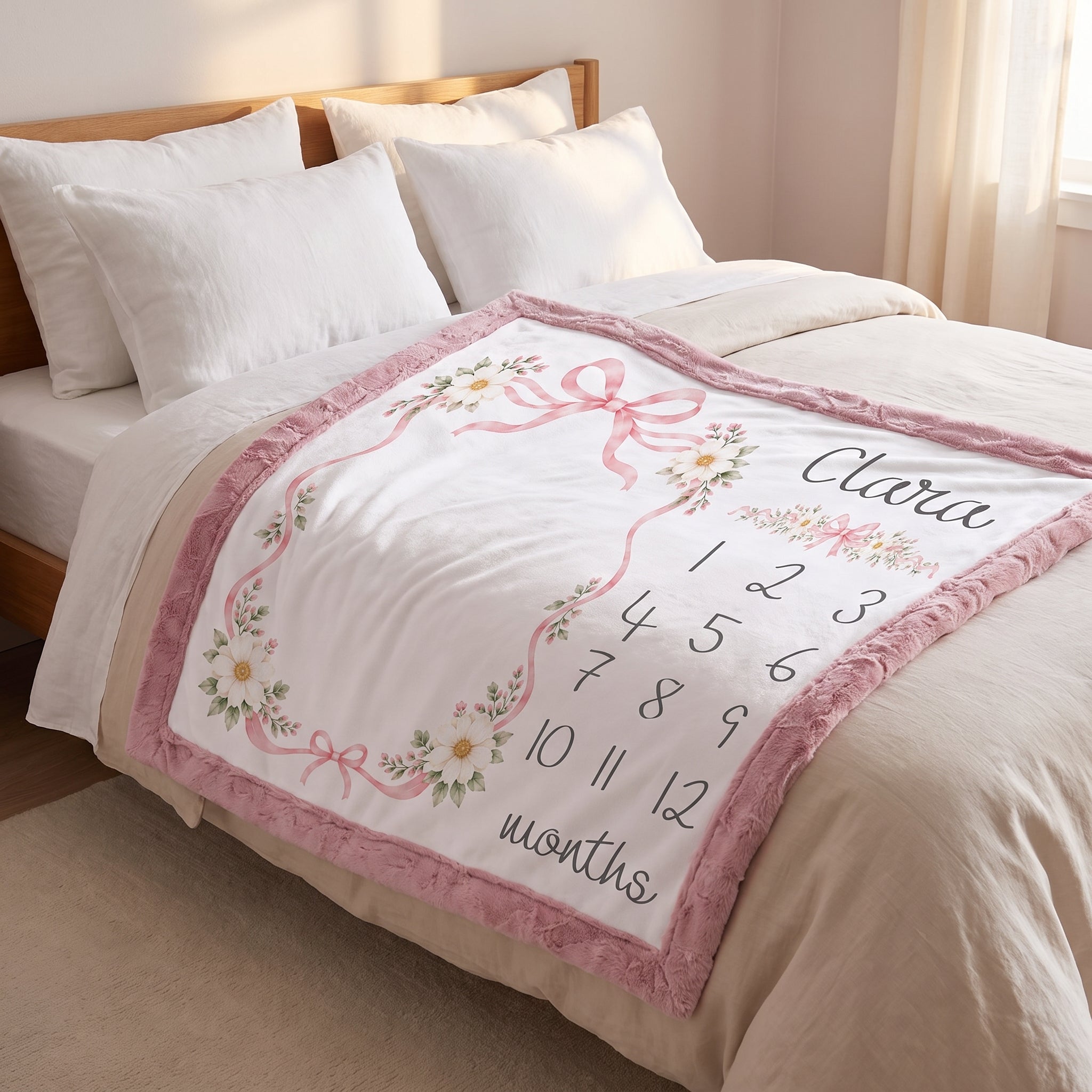 A personalized baby milestone blanket draped over a bed. The white blanket features a pink floral border, pink ribbon bows, and a printed black timeline of months from 1 to 12 along with the name 'Clara' in script.