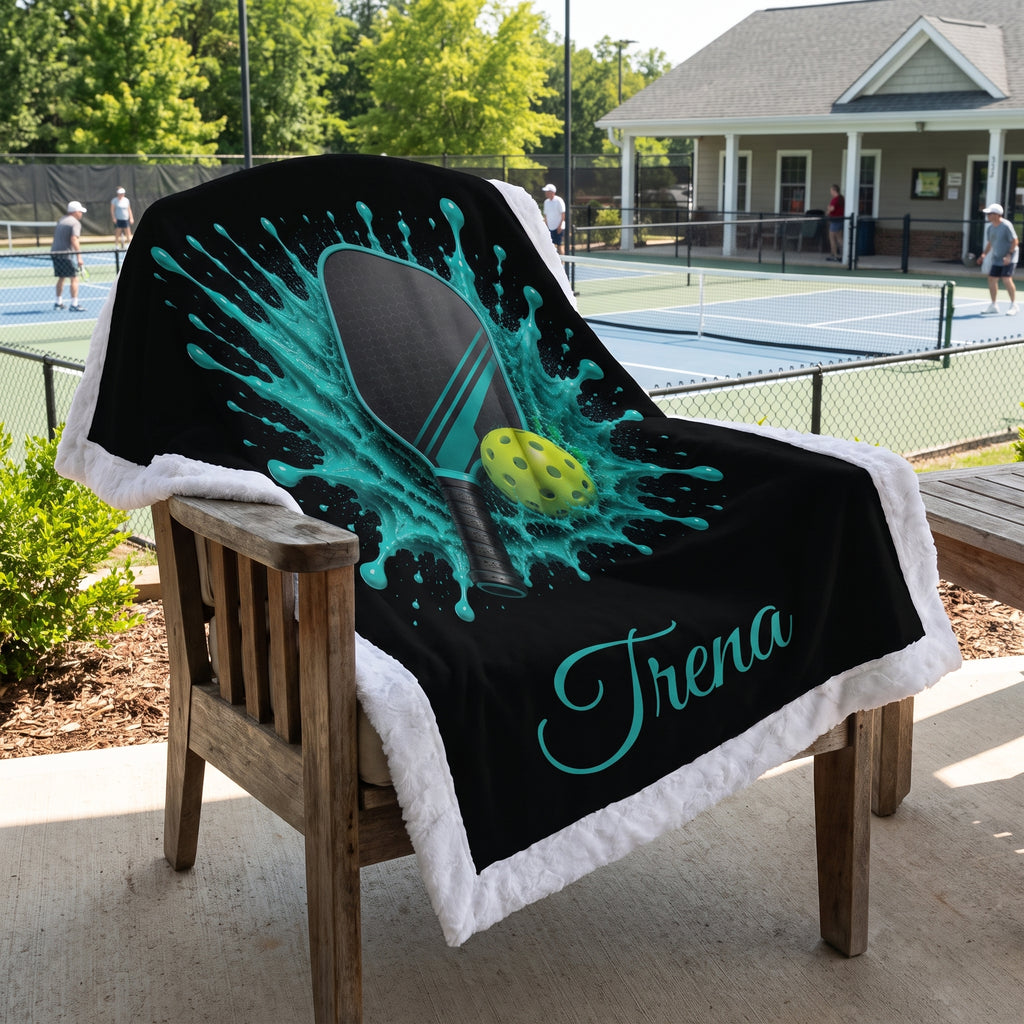A custom black fleece blanket with a white sherpa border draped over a wooden chair on a patio. The blanket features a graphic of a ping-pong paddle and ball inside a teal paint splash, with the name 'Trena' written in teal script.