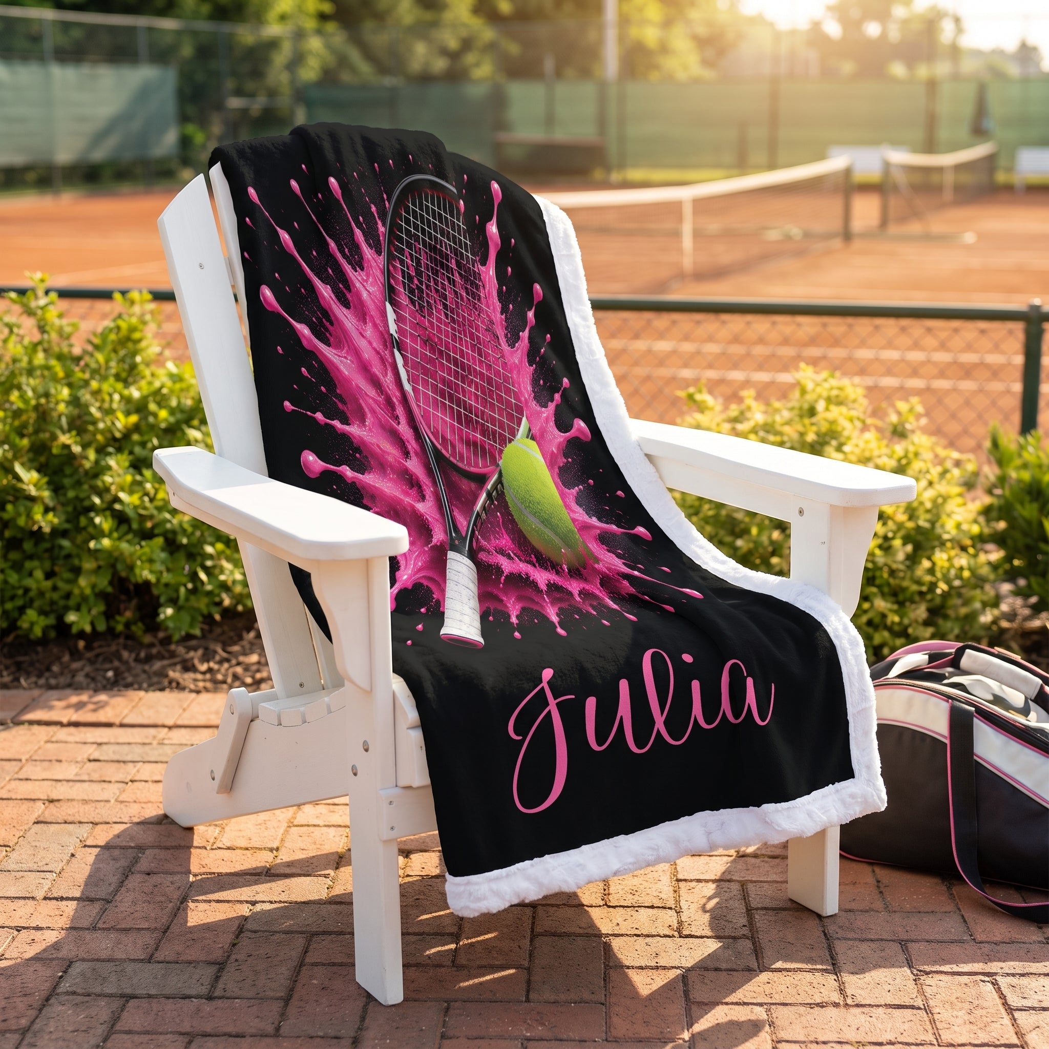 A black tennis-themed throw blanket draped over a white Adirondack chair on a brick patio, with a tennis court in the background. The blanket features a pink paint splatter design, a tennis racket and tennis ball graphic, and the name 'Julia' in pink script.