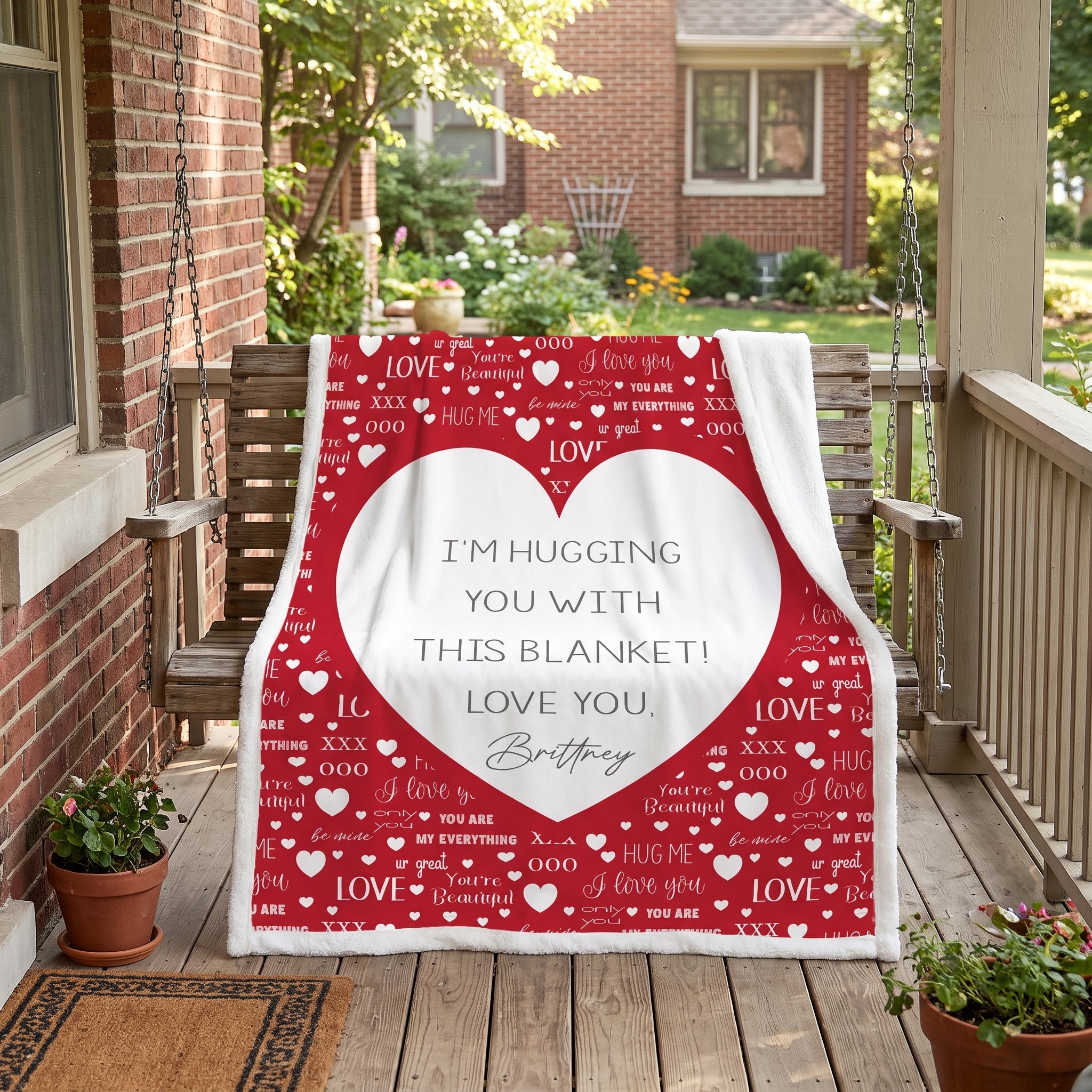 A red and white personalized blanket with a large white heart and 'I'm Hugging You With This Blanket! Love You, Brittany' text, draped over a wooden porch swing on a brick porch.