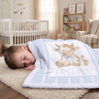A sleeping baby boy lies on a cream rug in a nursery, covered with a personalized light blue and white blanket featuring a cartoon cow and the name 'FREDDIE'.