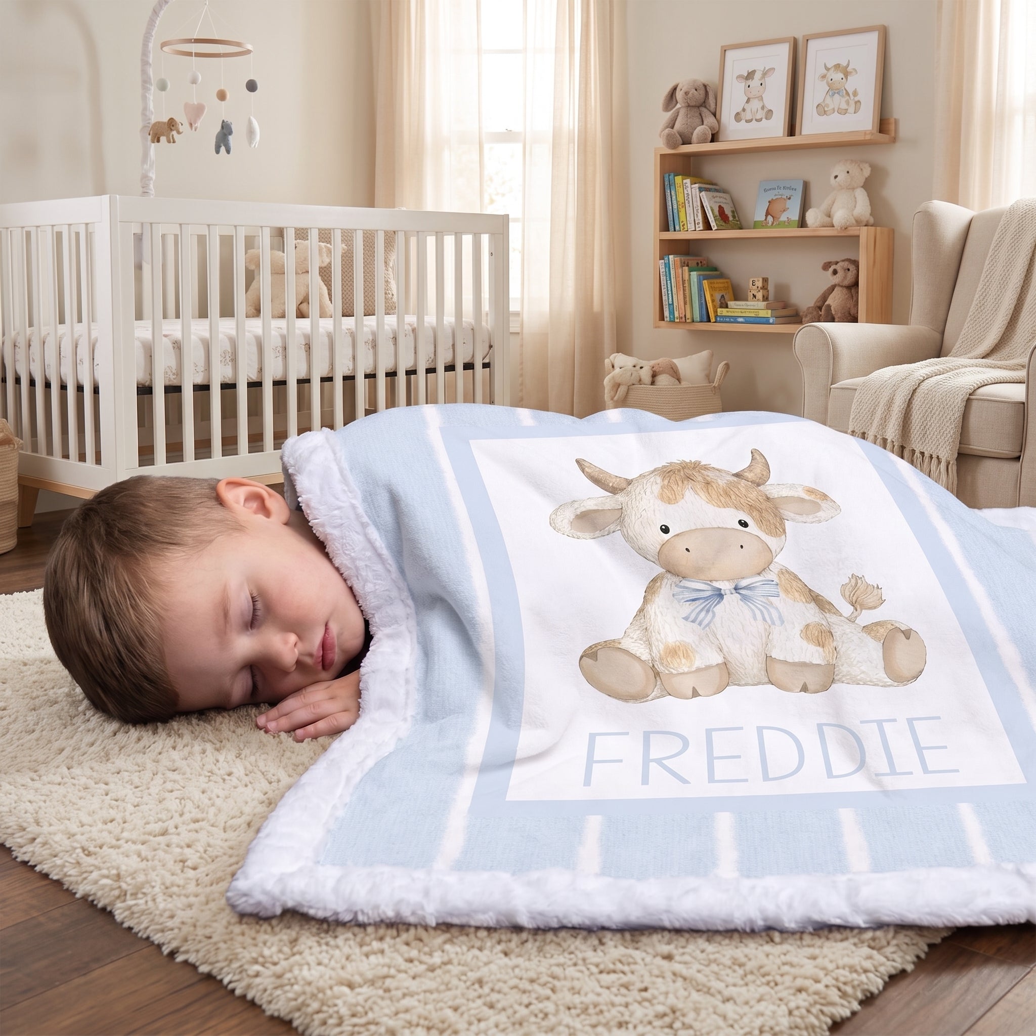 A sleeping baby boy lies on a cream rug in a nursery, covered with a personalized light blue and white blanket featuring a cartoon cow and the name 'FREDDIE'.