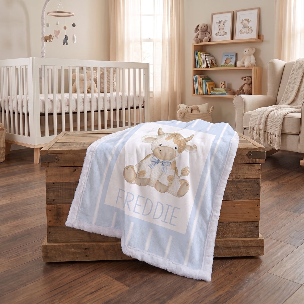 A light blue and white striped baby blanket with a cow illustration and the name 'FREDDIE' printed on it, draped over a rustic wooden chest in a softly lit nursery.