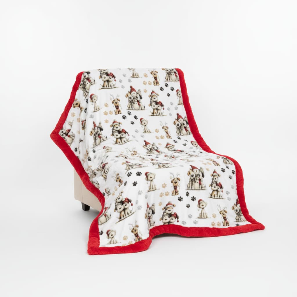 Blanket with dog pattern and red border on a white background