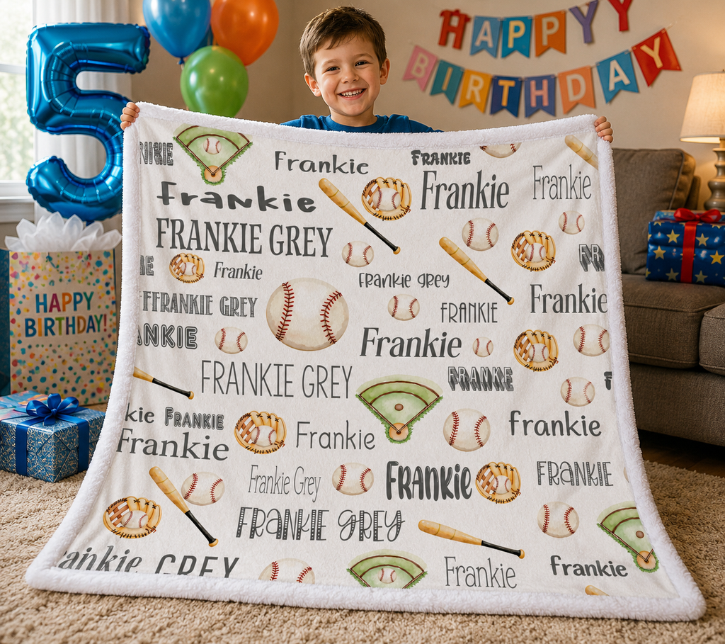 A child holds up a personalized baseball-themed fleece blanket in a living room setting with birthday decorations, including a large number 5 balloon, gifts, and a 'HAPPY BIRTHDAY' banner.