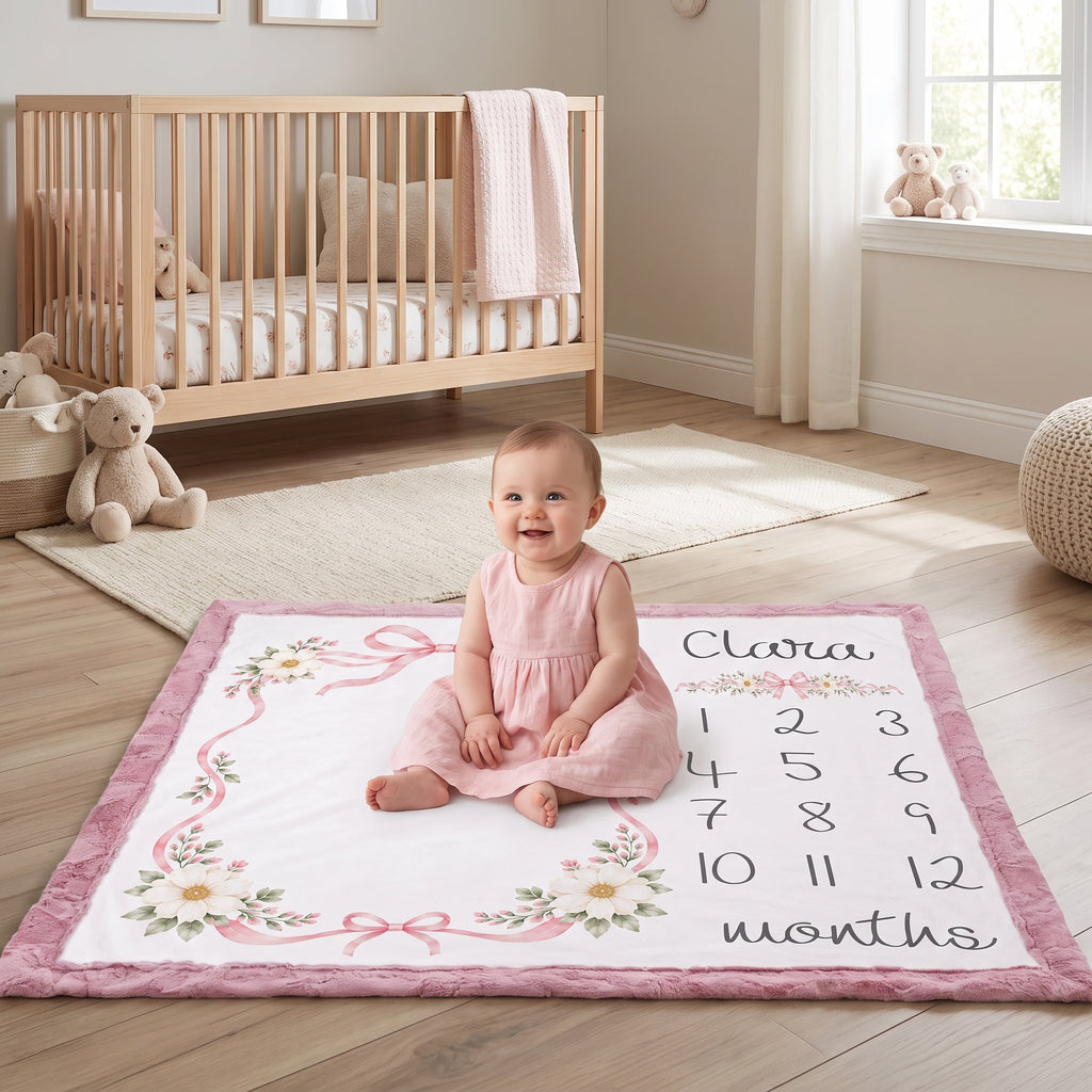 A baby in a pink dress sits on a personalized nursery floor mat that reads 'Clara 12 months' with floral designs and numbers, in a bright nursery with a wooden crib and teddy bears.