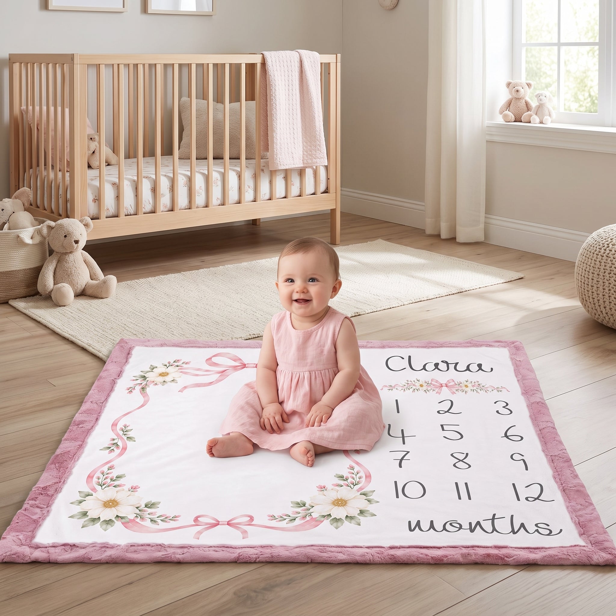 A baby in a pink dress sits on a personalized nursery floor mat that reads 'Clara 12 months' with floral designs and numbers, in a bright nursery with a wooden crib and teddy bears.