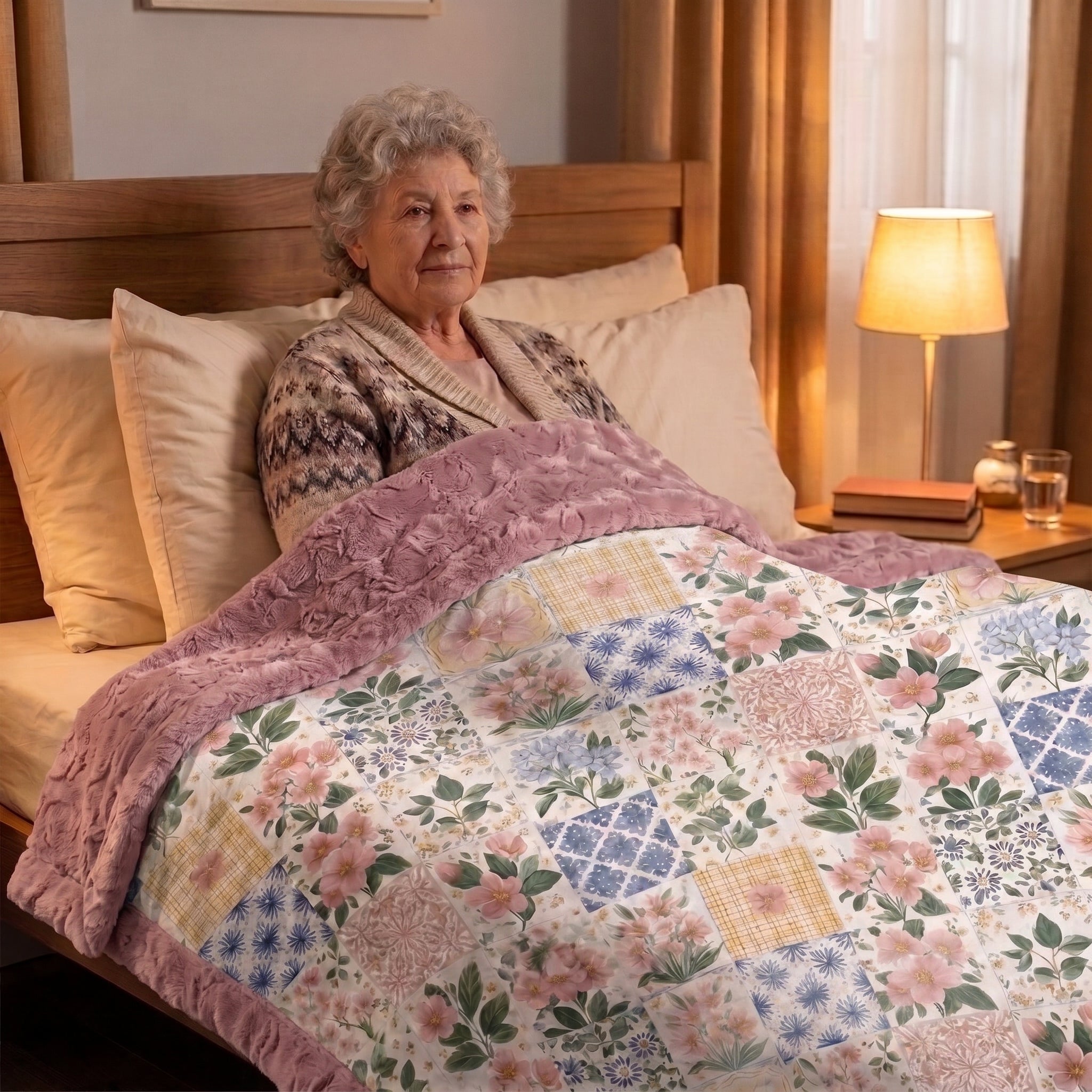 Grandmother watching television wrapped in a personalized floral Luxe Cuddle Minky blanket