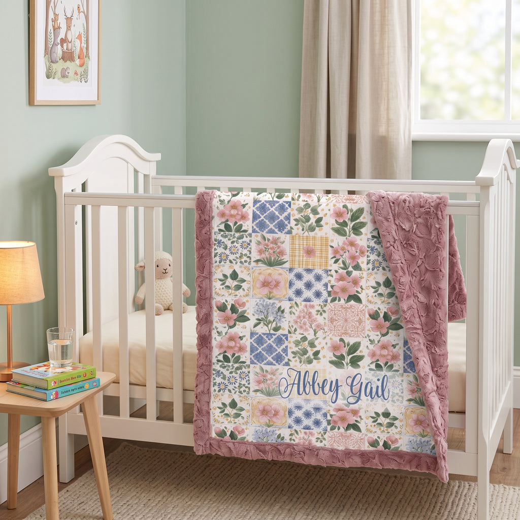 Close-up of grandmother watching television with personalized floral minky blanket on lap