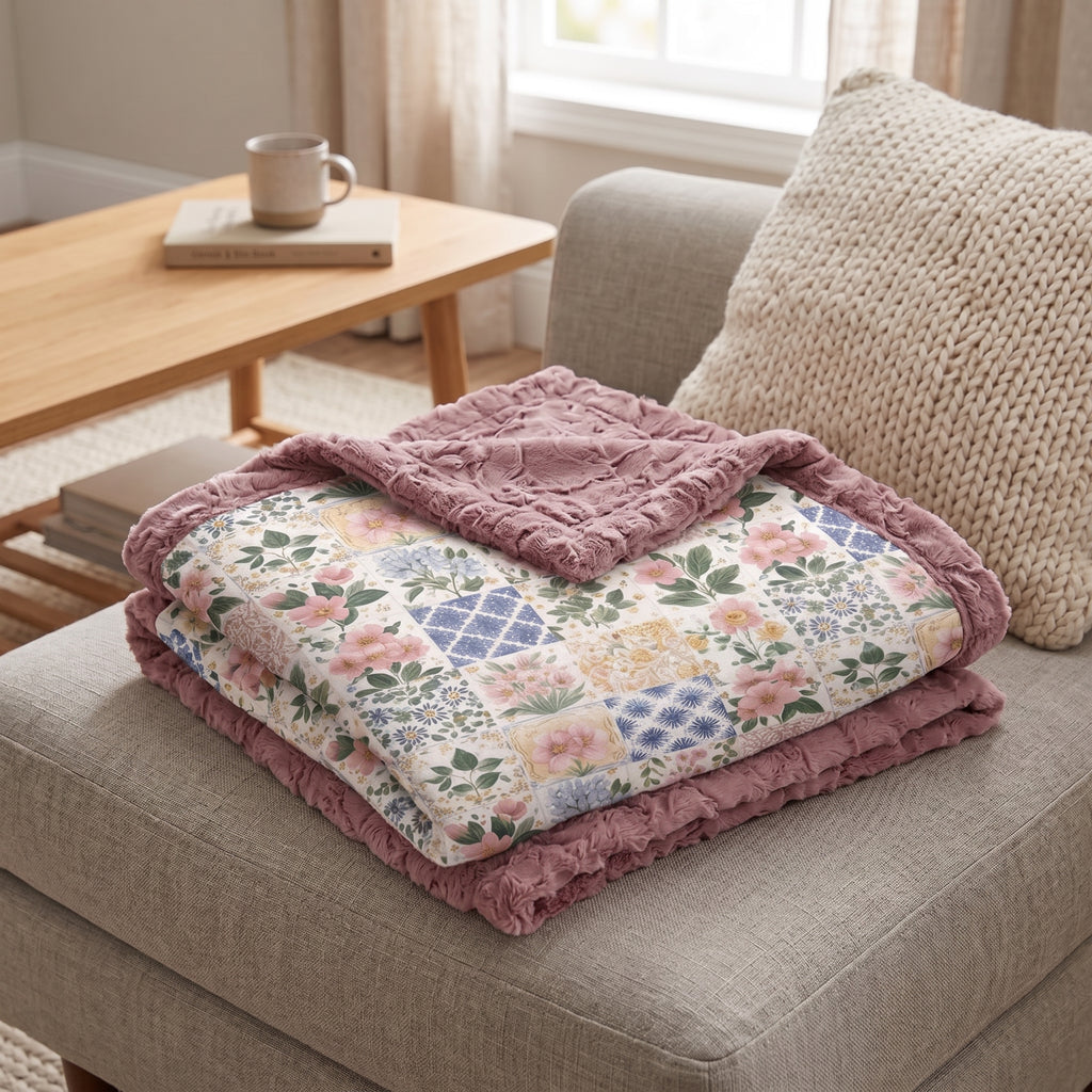 Grandmother relaxing on the couch under a personalized floral patchwork minky blanket