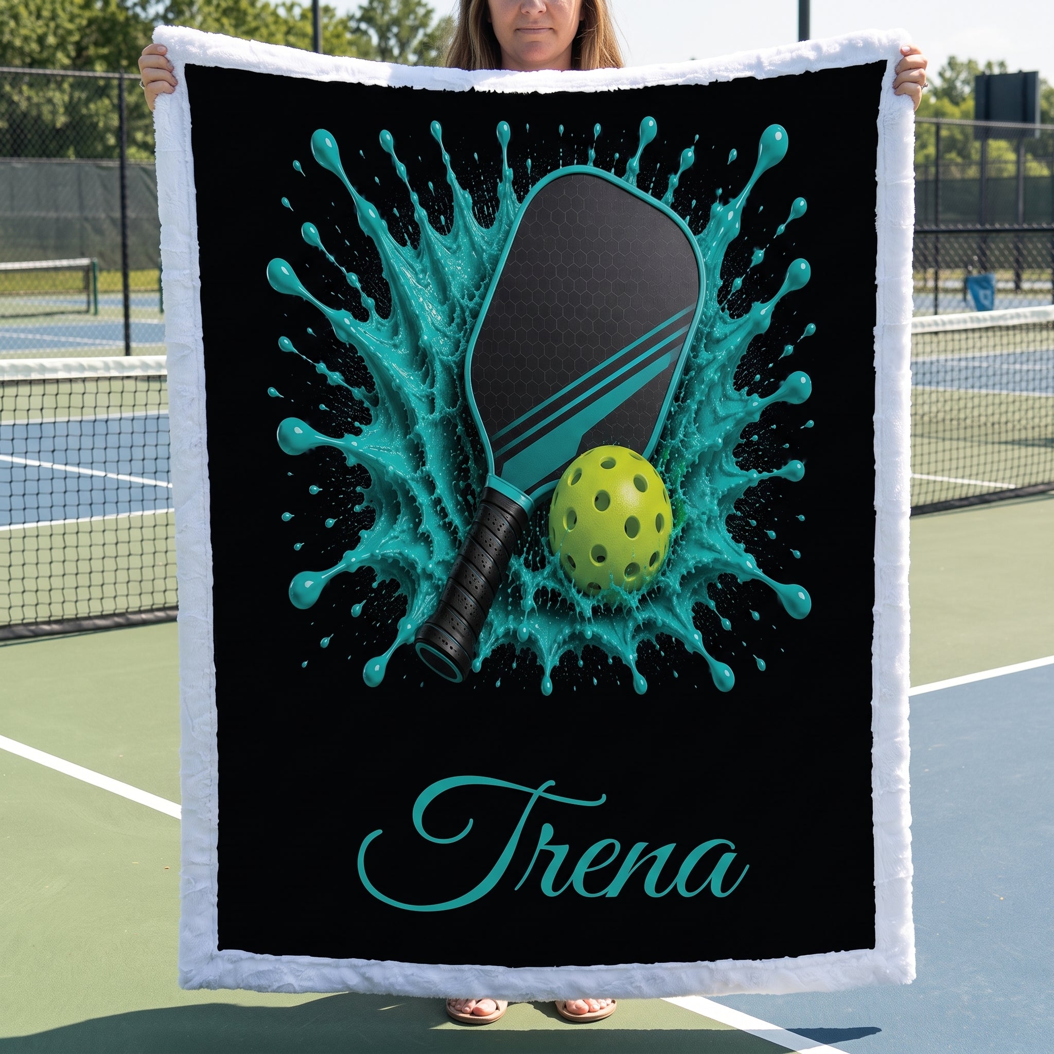 A person holds up a personalized raffle fleece blanket featuring a black background with a teal and black paddle, a yellow-green ping pong ball, and the name 'Trena' in teal script. The blanket has a white plush border and is photographed on a tennis court.
