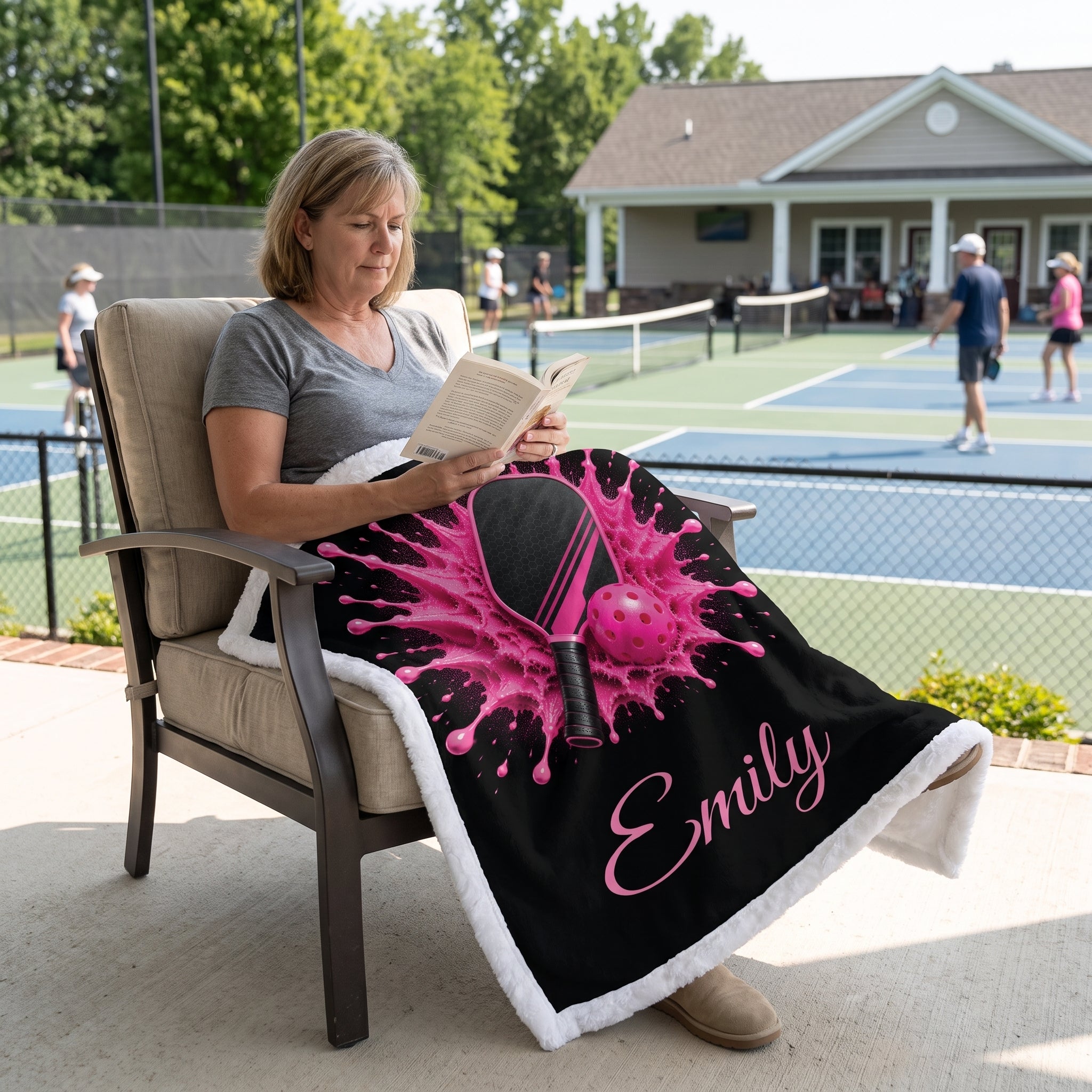 A woman sits in a patio chair on a tennis court, reading a book while wrapped in a black fleece blanket with a pink paint splatter design, a paddle, a ball, and the name 'Emily' in pink script.