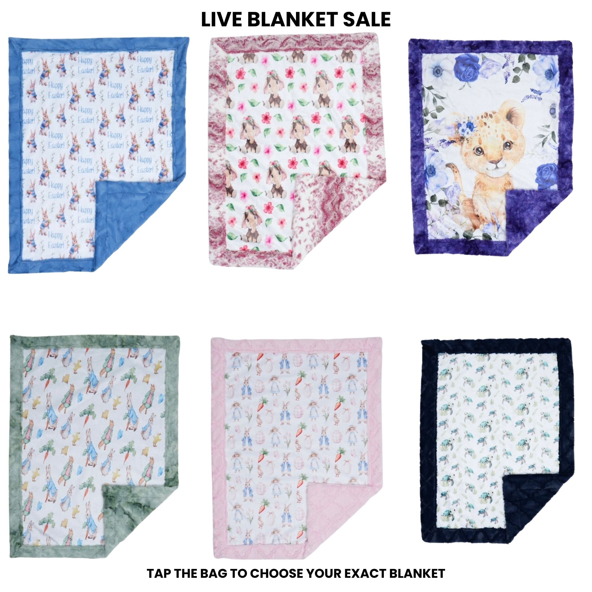 Collection of baby blankets with various designs and colors on a white background.