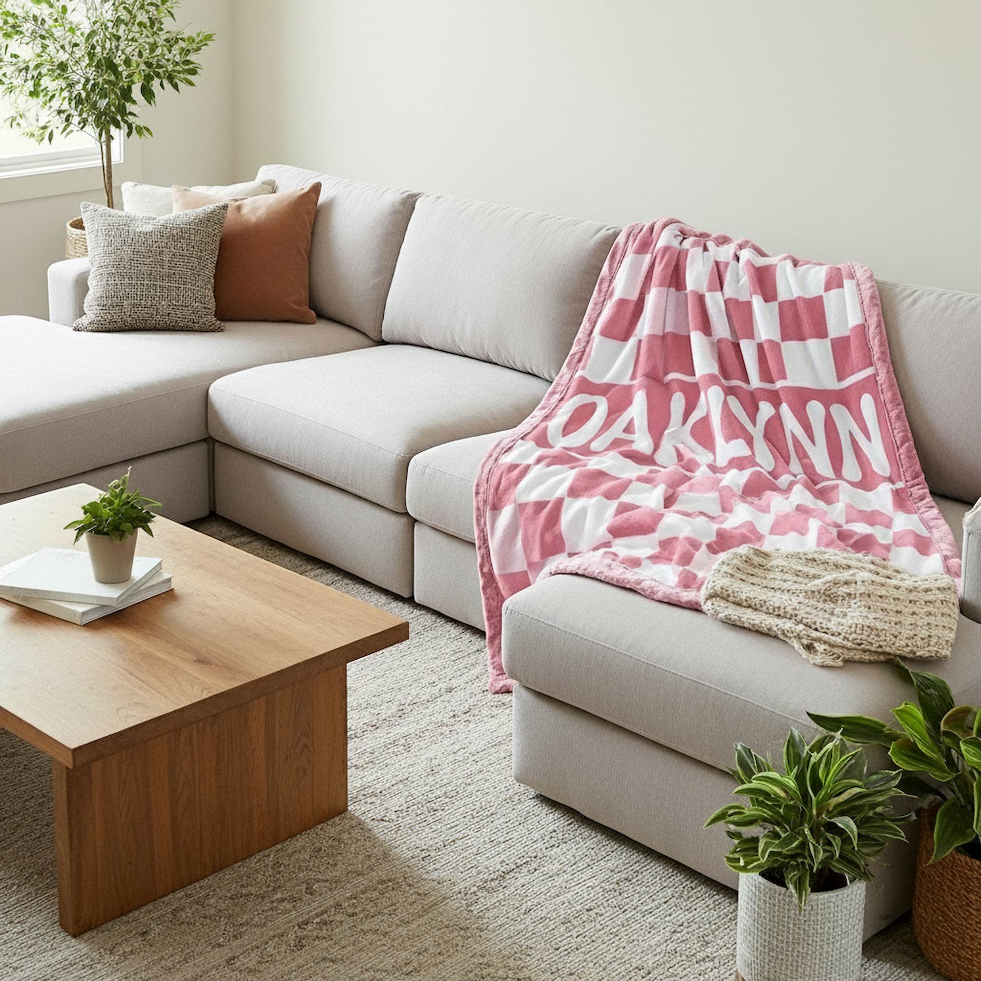 Living room with a beige sectional sofa, wooden coffee table, and pink checkered blanket.