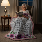Woman reading a book on a floral blanket with personalized text in a cozy room.