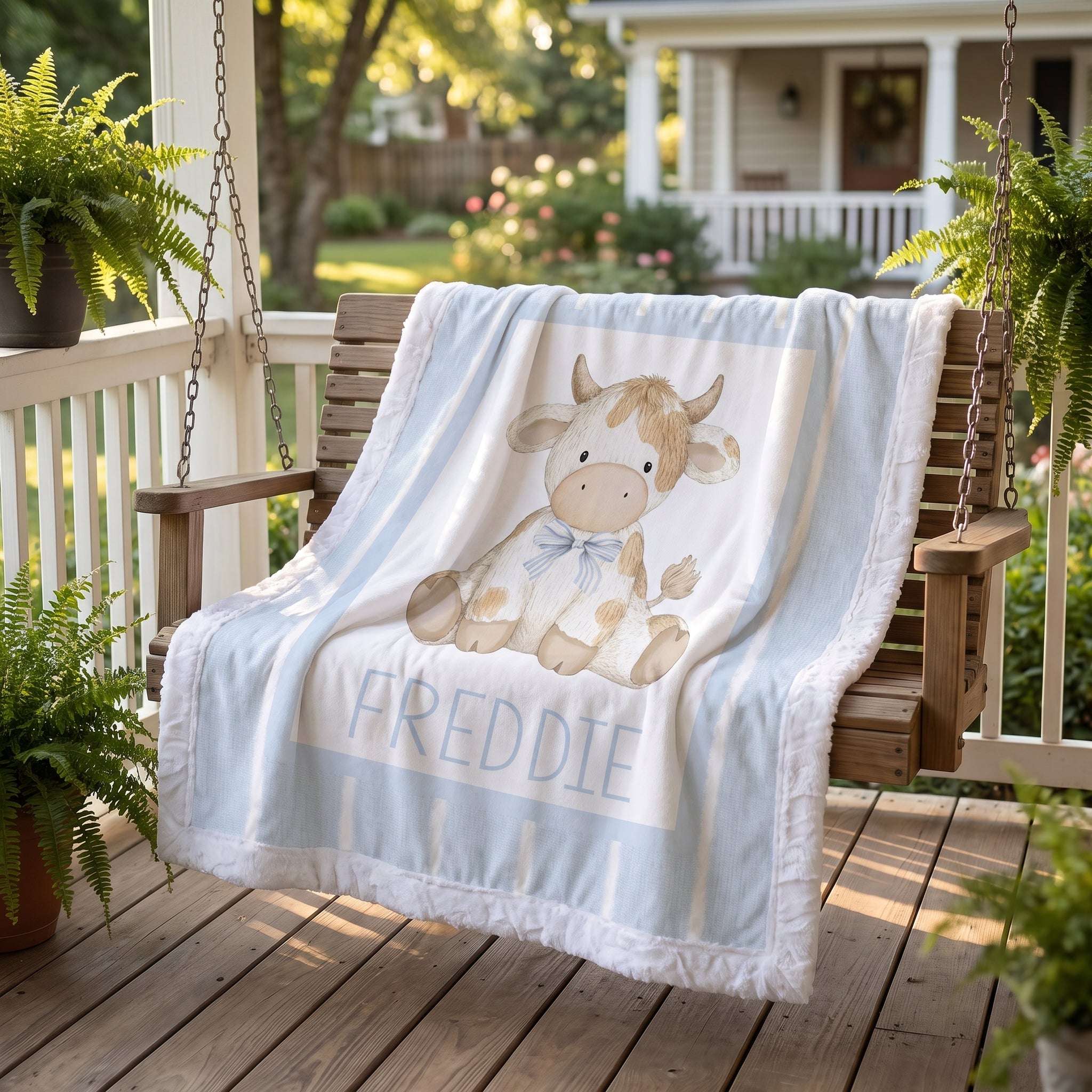 A personalized baby blanket draped over a wooden porch swing on a sunny porch. The blanket is light blue and white with a watercolor-style illustration of a cow named 'FREDDIE' and a white fringed edge.