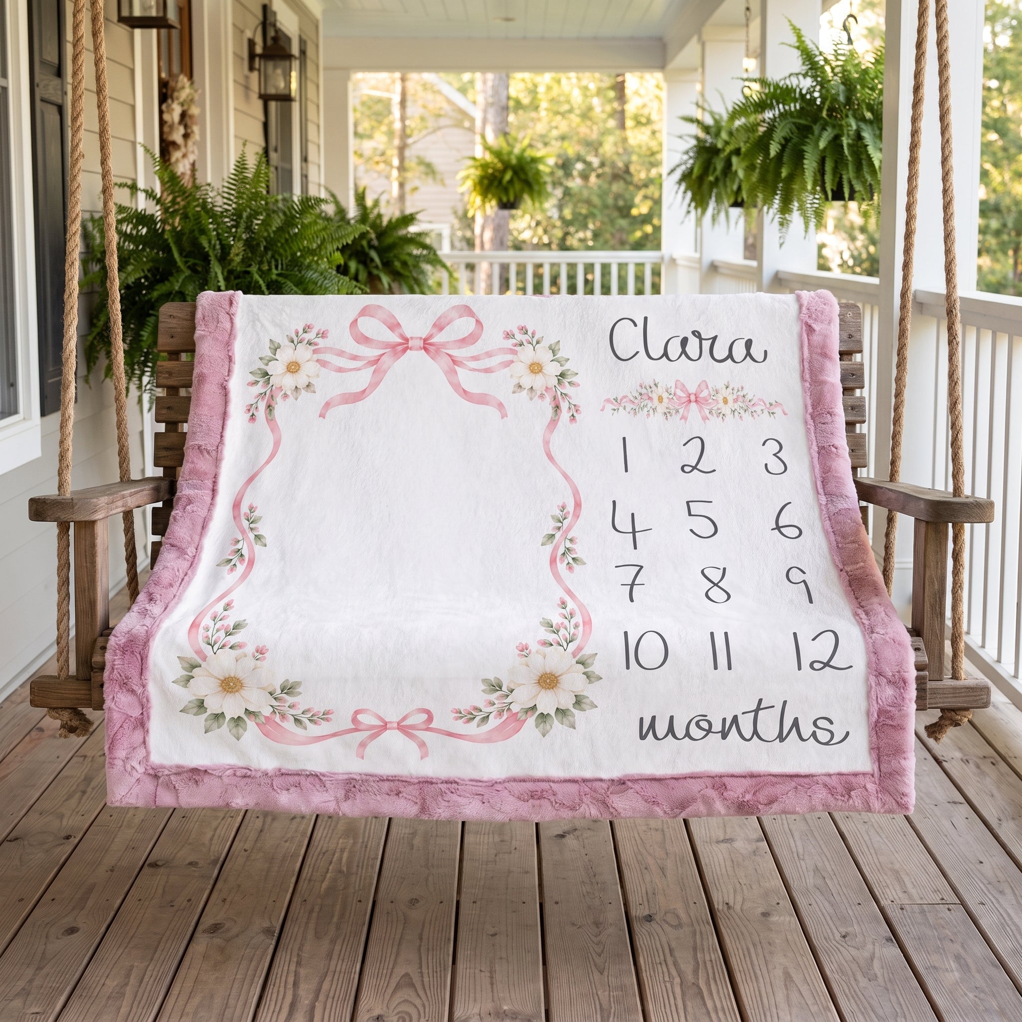 A personalized baby blanket draped over a wooden porch swing, featuring a white center with pink floral borders, bows, and a printed monthly calendar grid labeled 'Clara months'.
