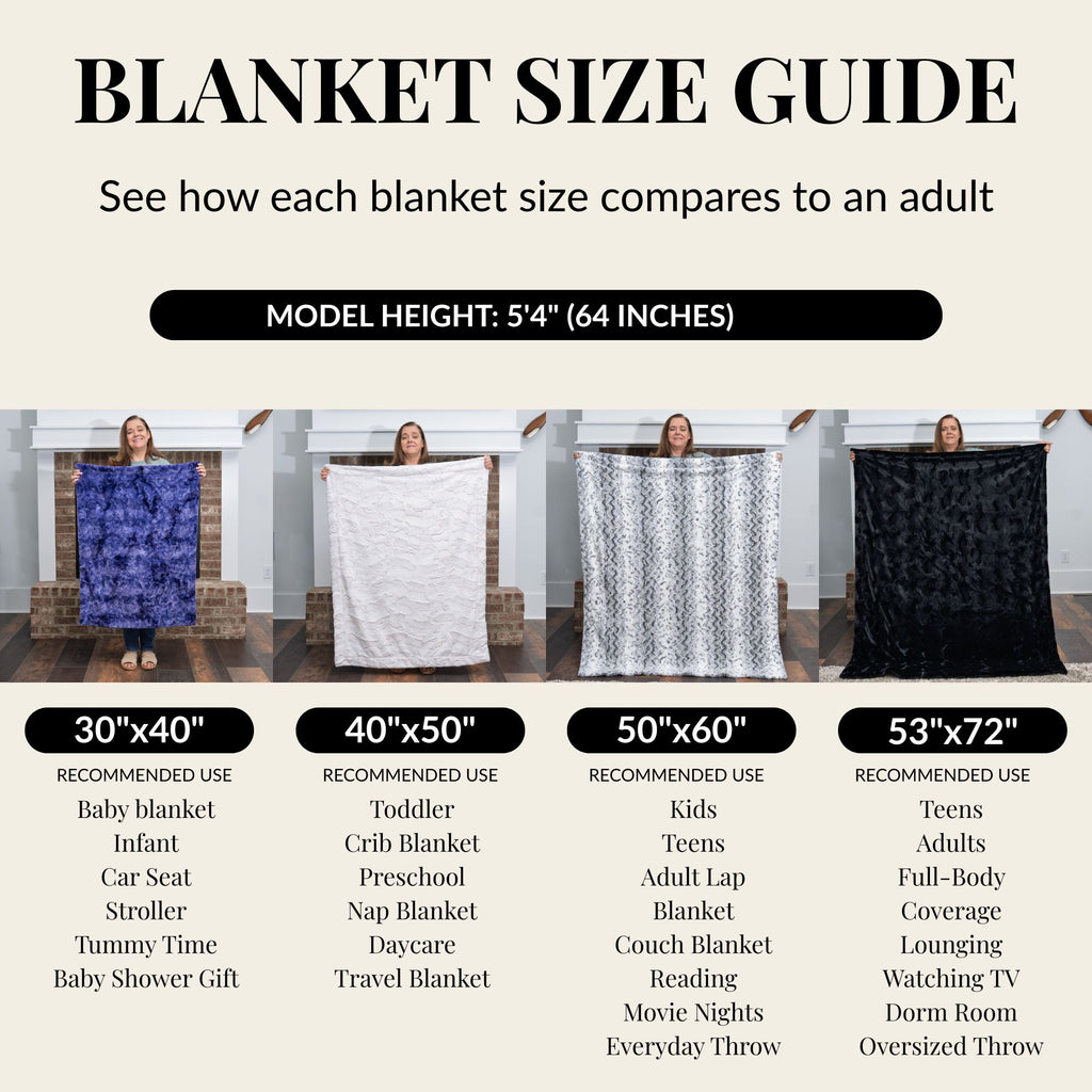 Lifestyle Blankets blanket size chart showing 30x40, 40x50, 50x60, and 53x72 inch options