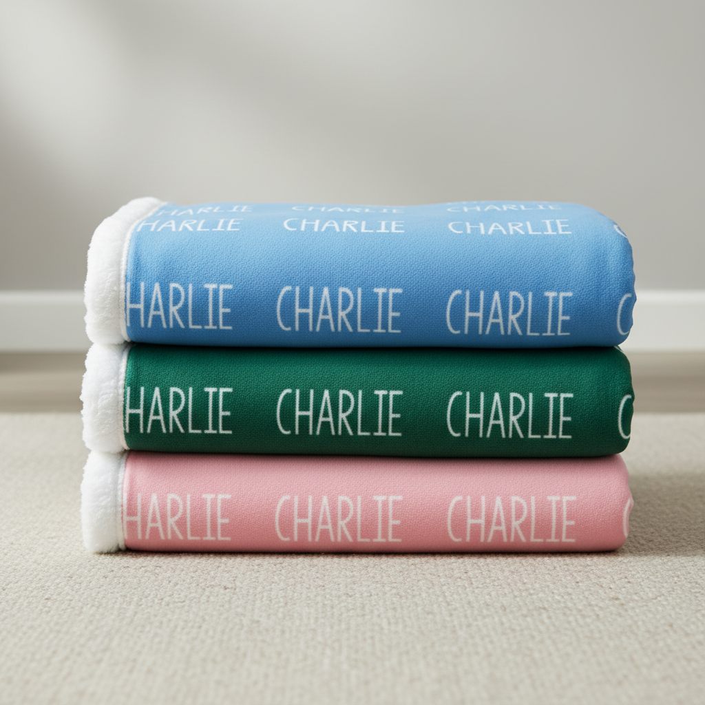 Stack of folded towels with 'CHARLIE' branding on a neutral background