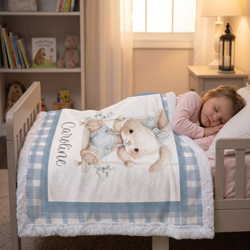 A child's bedroom scene with a young girl sleeping in a wooden bed, covered by a personalized quilted blanket featuring a bunny illustration and the name 'Candace'.