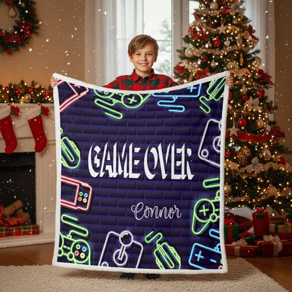 Child holding a 'Game Over' blanket with neon graphics in a festive room with Christmas decorations.