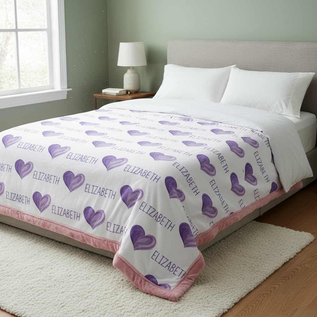 Bed with personalized purple heart patterned comforter in a bedroom setting.