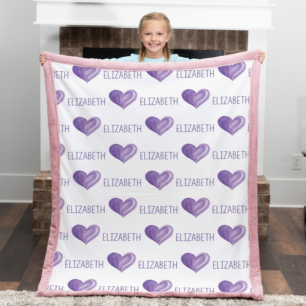 Child holding a blanket with purple hearts and the name 'Elizabeth' on it.