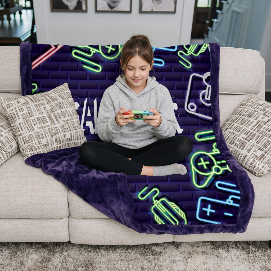 Person sitting on a couch with a neon-themed blanket, using a gaming console.