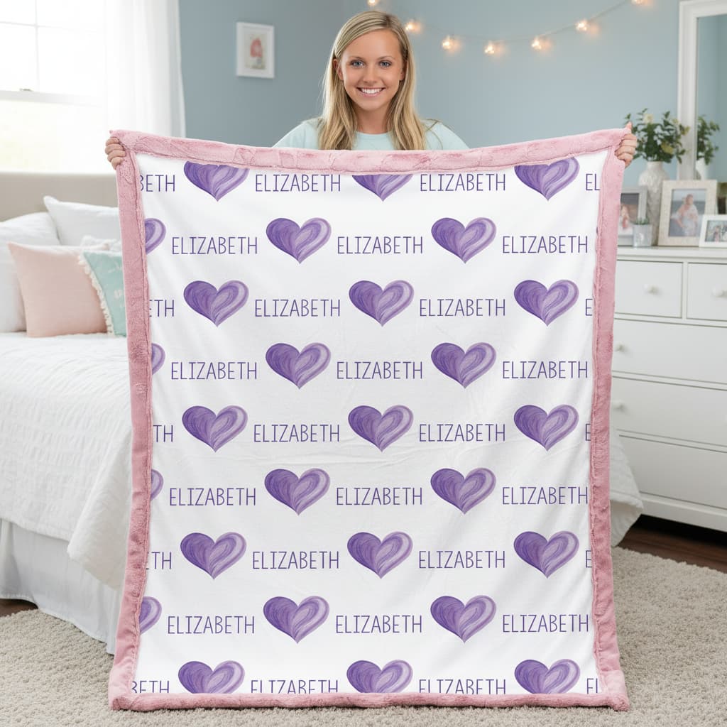 Girl holding purple heart blanket